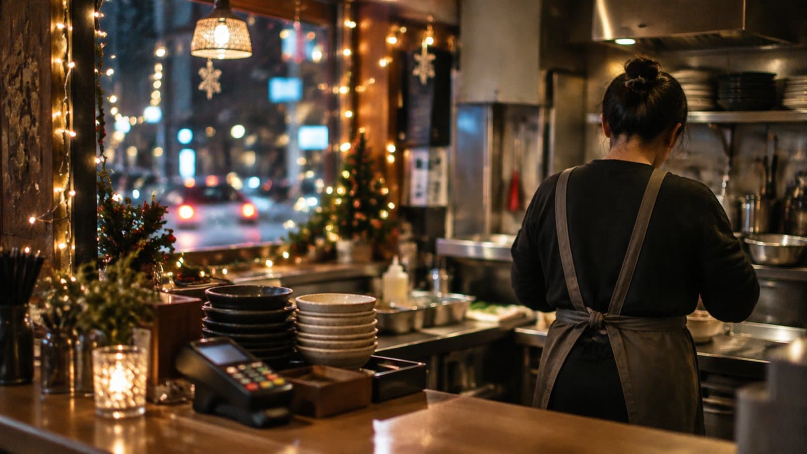 연휴 저녁 조명이 걸린 작은 식당 카운터에서 직원이 일하고 있는 모습