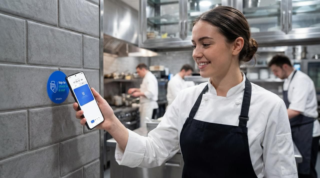 Employee tapping phone on Simplin NFC sticker to clock in