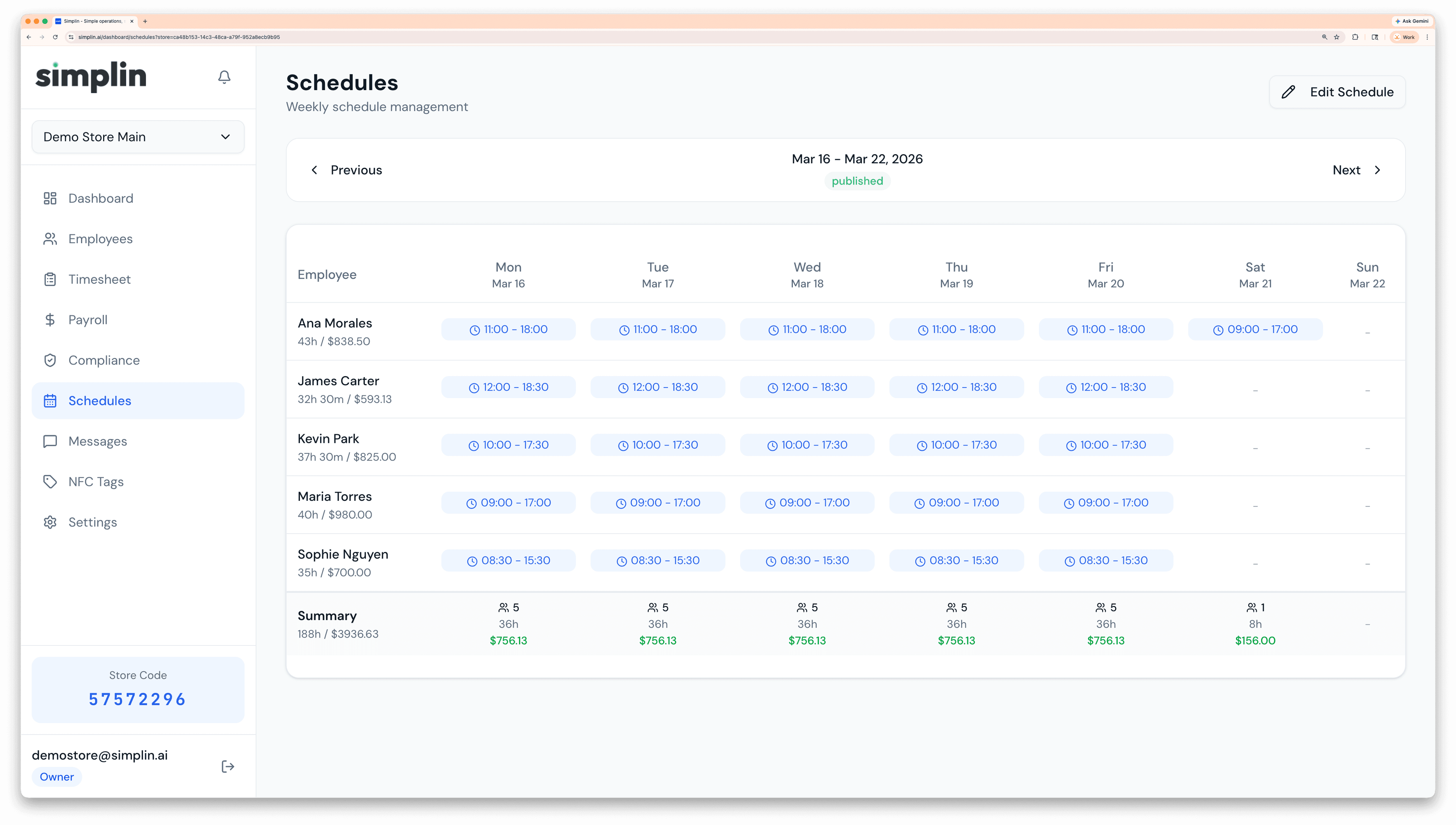 Schedules dashboard view