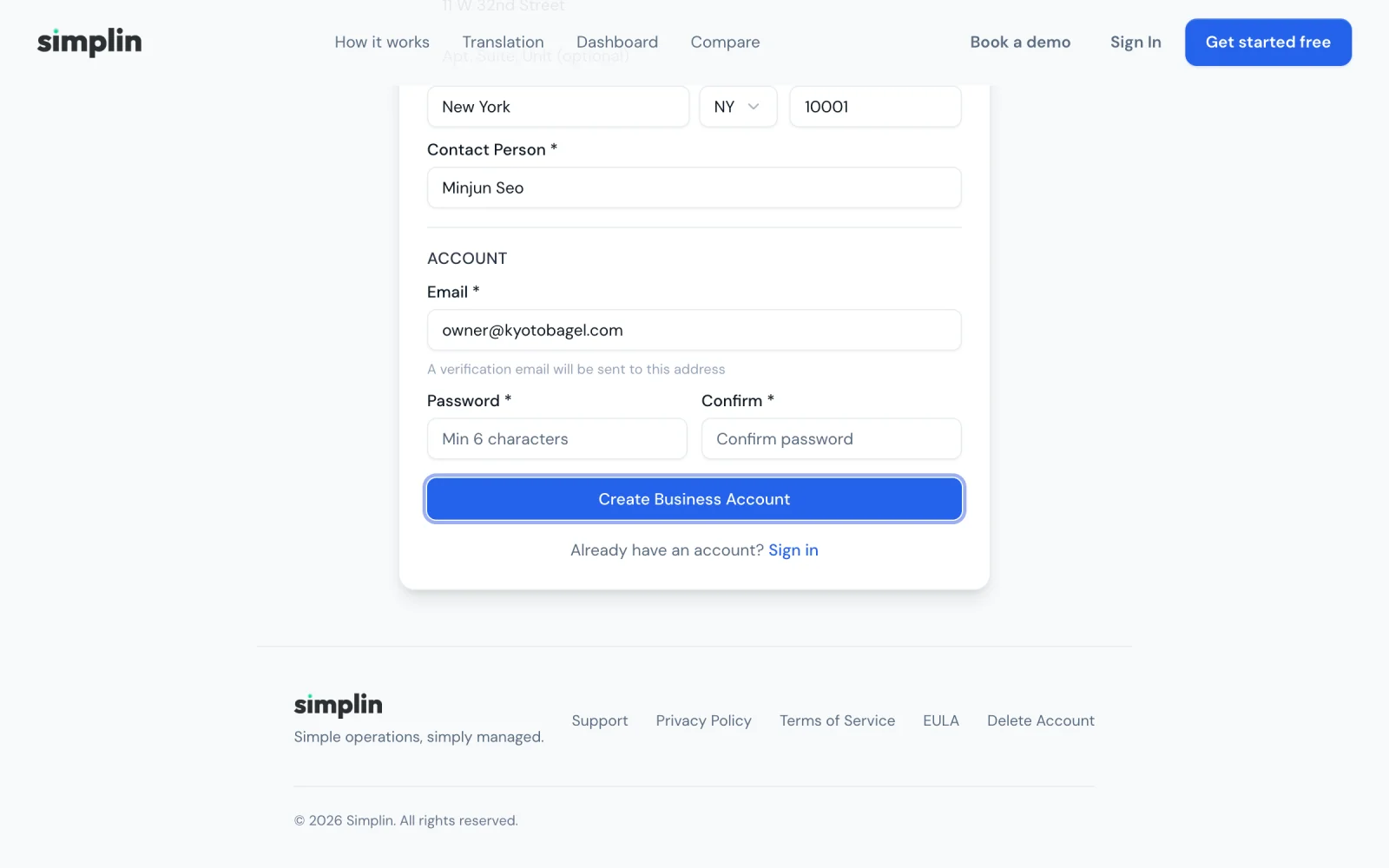Bottom of the registration form with the Create Business Account button highlighted