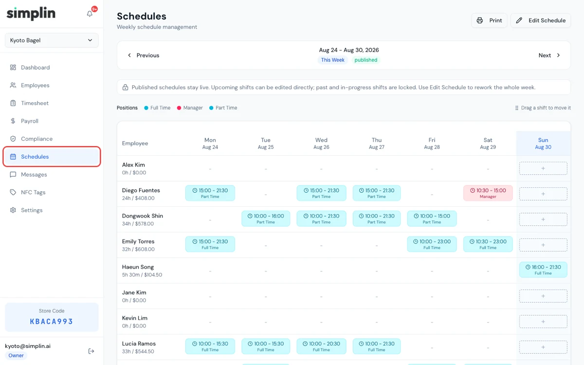 Schedules page with a weekly schedule
