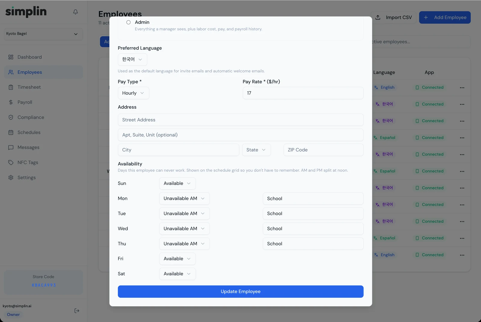 Employee form showing Manager App Access and the Availability section with weekday unavailability and a School note