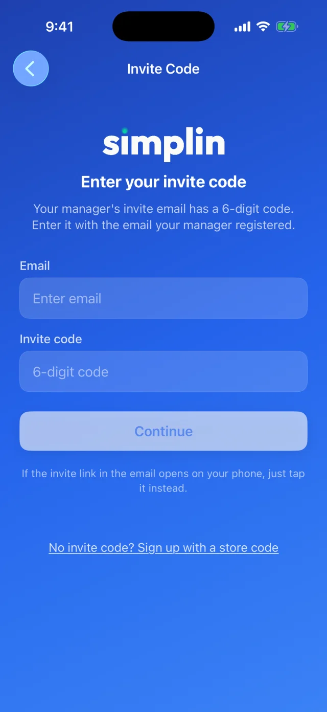 Invite code screen asking for email and the 6-digit code