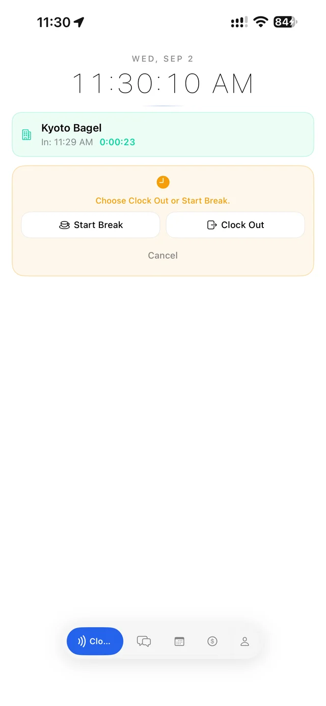 Choose Clock Out or Start Break