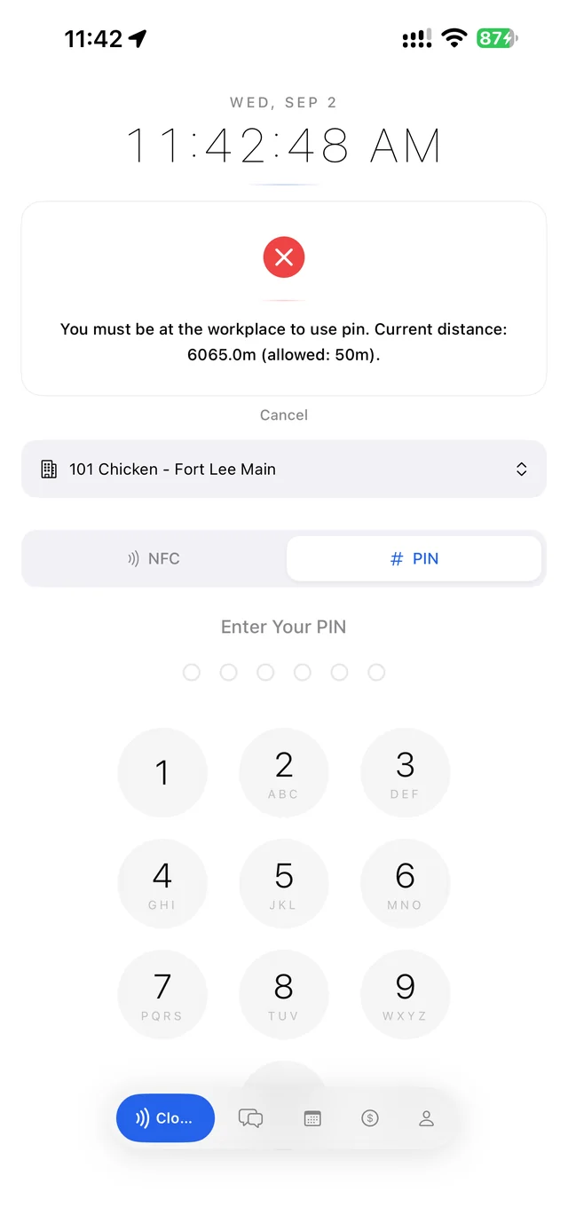 Error card: you must be at the workplace to use PIN, current distance 6065m, allowed 50m