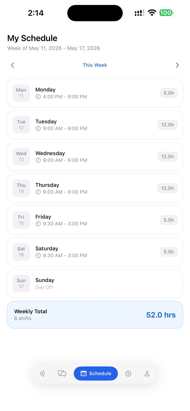 My Schedule tab showing the week and the shift card